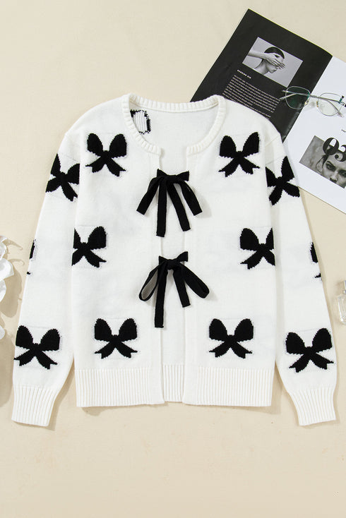 Ribbon Tie Front Bow Jacquard Knit Cardigan